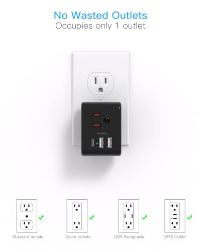Multi Plug Outlet Extender, Power Strip Non Surge Protector Electric Outlet Splitter with 3 USB Wall Charger (1 USB C), Multiple Outlet Expander for Cruise, Dorm, Travel, Home, Black