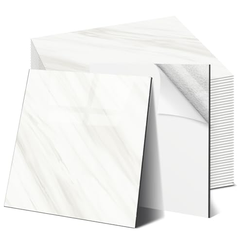 OJTOJT Tile Lot de 44 autocollants pour carrelage mural 30 x 30 cm, imperméables et anti-salissures, en marbre, pour cuisine, salon (44, blanc Senburger)