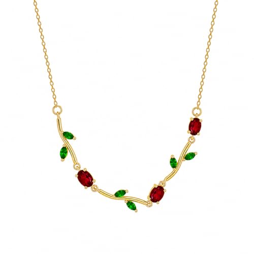 Image of Tulip Necklace for Women, Gold Toned Tulip Pendant with Red & Green Stones, Adjustable Chain, Elegant Jewellery Gift for Girls