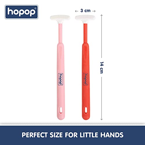 Image of Hopop Tongue Cleaner for Baby | Tender Baby Oral Cleaner Toothbrush with Silicone Scraper | Suitable from 6+ Months | 100% Safe Kids Tongue Cleaner | Pack of 2 | Pink & Red