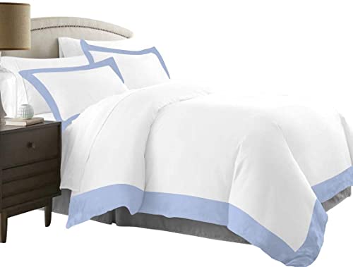 Manta de lujo, funda de edredón con cierre de cremallera y 2 fundas de almohada, 100% algodón egipcio, 400 hilos, juego de 3 piezas elegante con bordes de doble tono: blanco/azul claro, tamaño