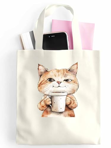 Canvas Tote Bags,Grocery Shopping Cloth Bag Funny Cat Coffee Reusable Shoulder Bags Tote Bag for Travel Work Gym2