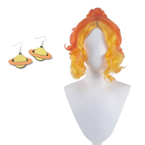 ZNTU Ms Frizzle Wig and Earrings Red Orange Curly Wig Halloween Ms Frizzle Costume Wig Heat Resistant Synthetic Wig for Women