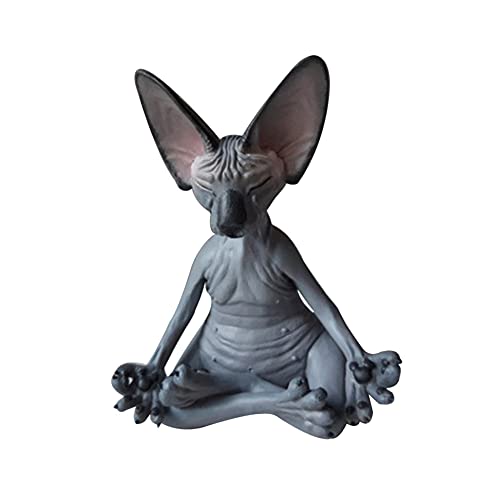 LYEAA Pequeña estatua de gato de yoga, sin pelo, figuras de meditación de gato, animales gatos escultura de arte decoración de casa oficina adornos