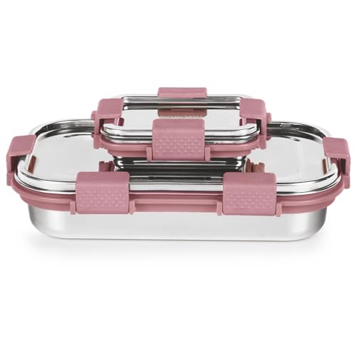 Image of Borosil Stainless Steel Slim Lunch Box | 700 ml + 125 ml Container Set | Airtight, Leakproof, Dishwasher Safe | Portable Kids Tiffin | 1 Year Warranty | Pink
