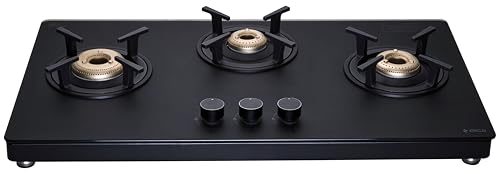 Image of Elica 77cm 3 Burner Gas Stove with Matt Finish Toughened Glass Top | Heavy-Duty Forged Brass Burners | Premium Metallic Knobs | 10 Yr Burner & 5 Yr Glass Warranty | | MATT TKN 773 CT VETRO BK | Black