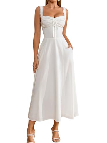 Image of KUTUMAI Floral Corset Midi Dresses for Women 2026 Lace Up Flowy Summer Wedding Guest Dress with Pockets