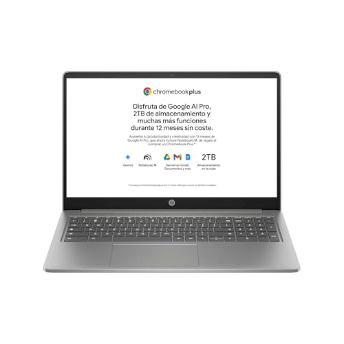 HP Chromebook Plus - Ordenador portátil de Google 15.6' FHD (i3-N305, 8GB RAM, 256GB, ChromeOS) + Suscripción Google AI Pro con Gemini Pro y 2TB de Almacenamiento Durante 1 año - QWERTY Español