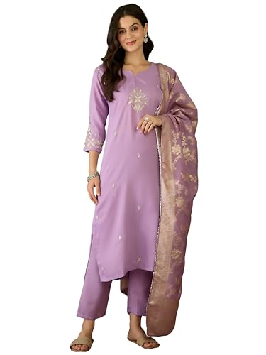 Kurta droit brodé Naixa NX-662 en rayonne avec pantalon et dupatta pour femme