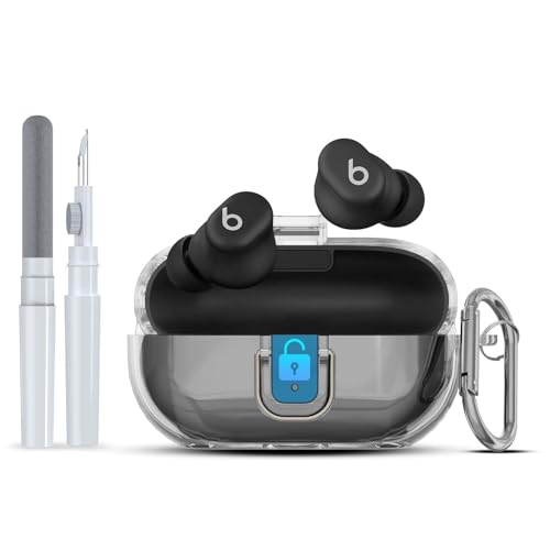 [Upgrade Secure Lock] for Beats Solo Buds 2024 Case Cover with Cleaner Kit, AGENTNANO Clear TPU Shockproof Protective Cover Compatible with Beats Solo Buds Charging Case with Carabiner-Clear