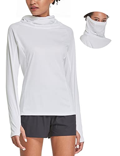 BALEAF Women's Hiking Long Sleeve Shirts with Face Cover Neck Gaiter UPF 50+ Lightweight Quick Dry SPF Fishing Running Hoddie White Size L