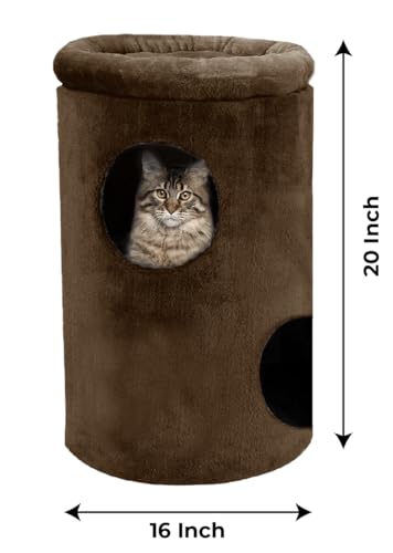 Image of Cat House with Plush Cushion, 2 Levels (Brown - FURR-12)