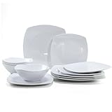Melamine Dinnerware Sets, Square Dinnerware Sets, White Color Plates and Bowls Sets for 4, Unbreakable Dishwasher Safe BPA Free