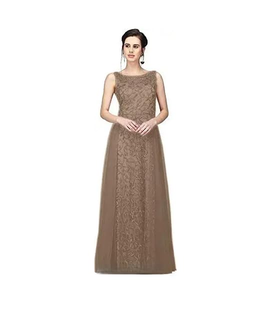 Women's Elegant Sleeveless A-Line Evening Gown, Lace Embroidered Maxi Dress, Brown-Free Size-picture-20