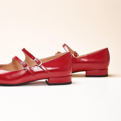 C.Paravano Women's Mary Jane Flats | Block Heel & Adjustable Straps|Square Toe Ballet Flats for Client Lunches, Garden Parties|Pair | Silk Dresses or Linen Sets(Red,9)3