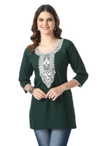 Image of LIBOZA Short Kurti for Women - Lakhnowi Chikankari Embroidered Ladies Kurta, Stylish Girls Top, Ethnic Half Kurtas, Tunic Design Woman Kurtis