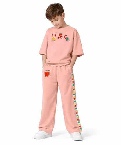 Image of SHODOX Boys Poly Blend Relaxed Fit Co-Ord Set | Printed T-Shirt & Track Pants | Soft Breathable Stylish Summer Casual Comfort Wear for Boys