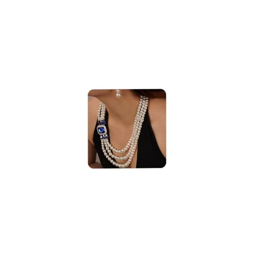 Aimimier 1920s 3-strand White Faux Pearl Necklace and Earrings Set Royal Blue Crystal and Rhinestone Chunky Collar Bib Pearl Statement Necklace