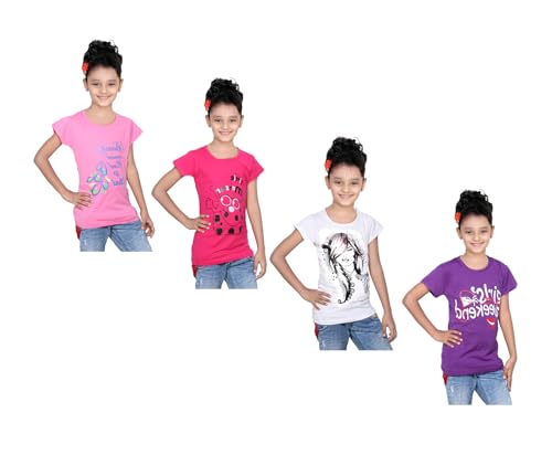 Image of indi weaves Girls Pure Cotton Chest Printed Half Sleeves Round Neck T-Shirts (Pack of 4)