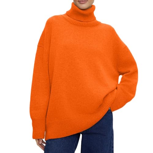 Ladies Roll Neck Jumper Faux Cashmere Elegant Turtle Neck Women Sweater Soft Knitted Basic Pullovers O Neck Loose Warm Female Knitwear Jumper (Orange)