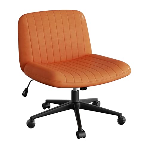Image of Criss Cross Chair with Wheels, Cross Legged Office Chair, Armless Office Chairs Adjustable Height Swivel Tilting Vanity Chairs for Home Bedroom (PU Leather, Orange)