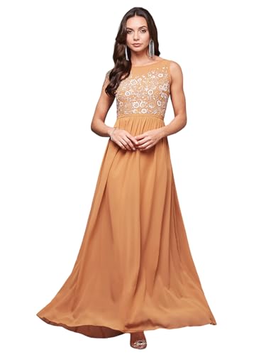 Image of Miss Chase Women's Round Neck Sleeve Embellished Fit Flare Maxi Dress