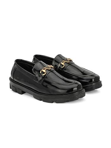 Image of Aaravin's Shiny Synthetic Patent Leather Slip-On Loafers | Chunky TPR Sole Moccasins with Stylish Metallic Buckle | Trendy Comfortable Footwear for Parties, Office and Daily Use