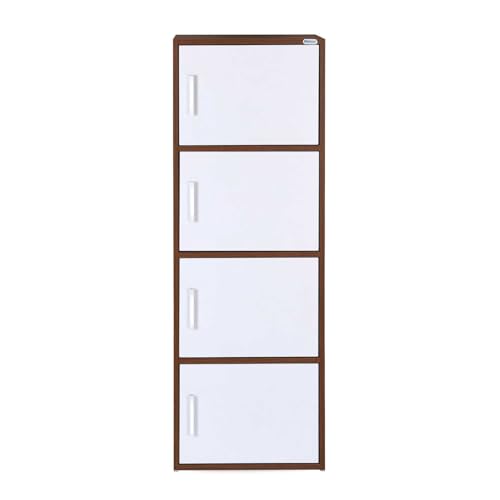 Image of Nilkamal Sear 4 Tier Wooden Storage Cabinet | Free Standing Book Shelf with 3 Doors & 3 Spacious Shelves | Engineered Wood | Organizer for Home & Office | Classic Walnut & White | DIY(Do It Yourself)
