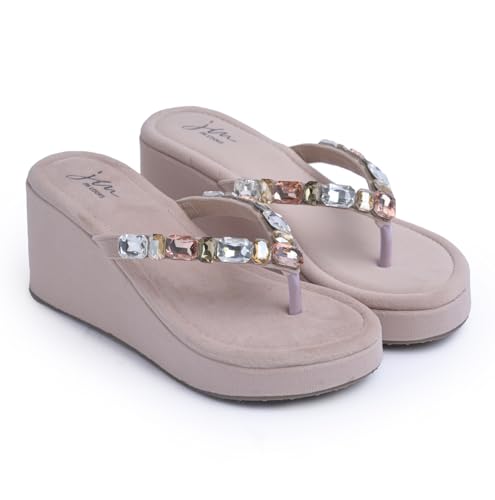 Image of JM LOOKS Women's Rhinestone Sandals High | Low Platform T-Strap Jewel Sandals High Wedge Flip Flops Sandal Summer Beach Sandal