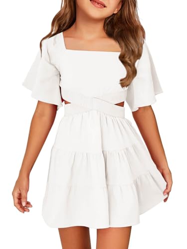 Batermoon Girls Summer Dress Square Neck Short Sleeve Crossover Waist Casual A-line Mini Dress