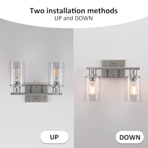 Image of Brushed Nickel Bathroom Light Fixtures Over Mirror,2-Light Bathroom Vanity Light with Clear Glass Shade,Modern Farmhouse Wall Sconces Lighting for Mirror Kitchen Living Room Cabinet