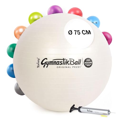 Pezzi - Gymnastikball Pezziball MAXAFE 75cm Ø mit Ballpumpe– Sitzball für Therapie, Sport & Büro - Trainingsball aus Flexton Silpower® latexfrei, widerstandsfähig & elastisch – Perlweiß