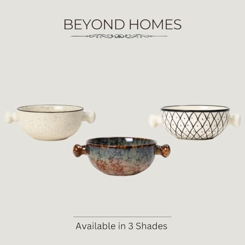 Image of Beyond Homes Ceramic Snack Bowl with Handle, 18 cm | Microwave and Dishwasher Safe Ceramic Serving Bowl for Pasta, Soup, Snacks | Matte Finish, Set of 2 (Abstract Brown, 500 ml)