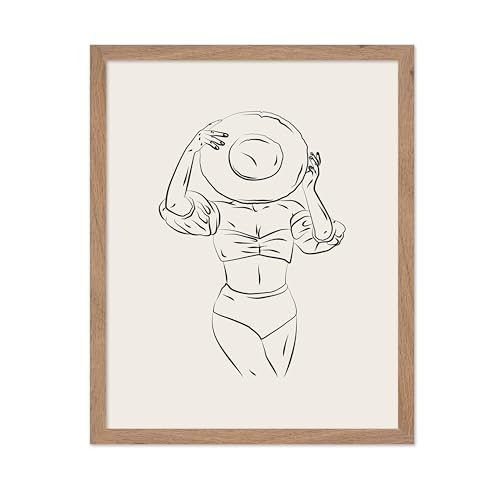 Poster Master Woman Poster - Retro Swimsuit Print - Bikini Art - Swimming Illustration - Line Sketch - Abstract Design - Chic Boho Decor - Perfect Living Room or Office Decor - 11x14 Beige Framed