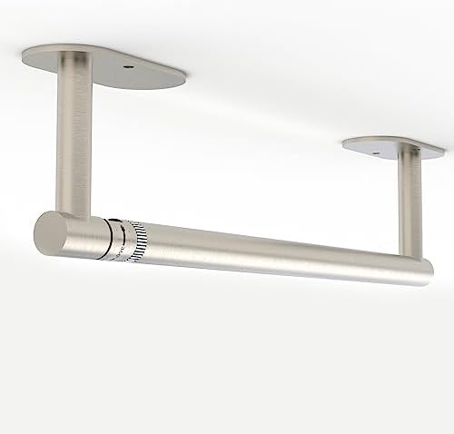 Ruacq Brushed Nickel Paper Towel Holder Self Adhesive Double Post Pivoting Round Base Under Cabinet Paper Towel Holder for Kitchen Self-Adhesive or Drill mounting