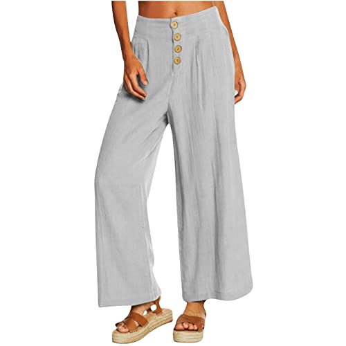 Eopuing Womens Trousers With Pocket Ladies Yoga Cropped Leggings Linen Pants Plus Size Capri Pants Summer Casual Lightweight High Waisted Wide Leg Drawstring Pants Loose Capris Pants(D-Gray,X-Large) #TOP1