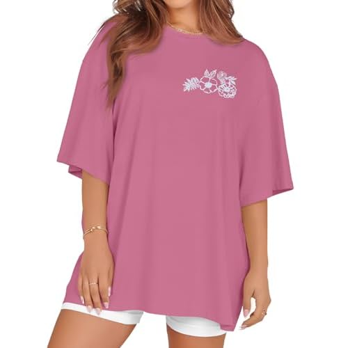 rosemia Oversized Tshirts for Women Summer Short Sleeve Round Neck Graphic Tee Shirt, Dark Pink Flowers, S