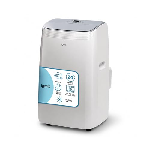 Igenix 9000 BTU 4-in-1 Portable Air Conditioner Cooling Fan Dehumidifier & Heating Functions 24 Hour Timer Remote Control & Window Venting Kit Included