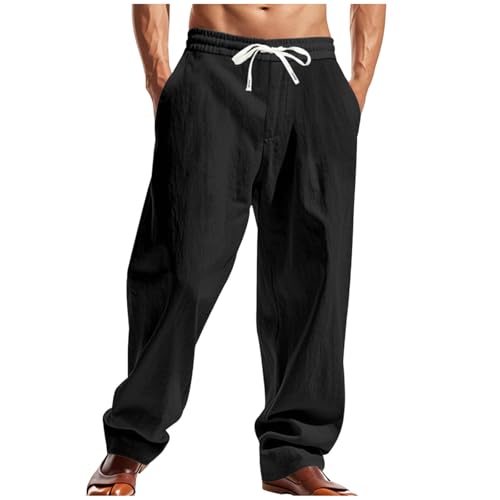Men's Linen Pants Elastic Waist Lightweight Drawstring Pants Casual Poose Fit Summer Vacation Trousers with Pockets