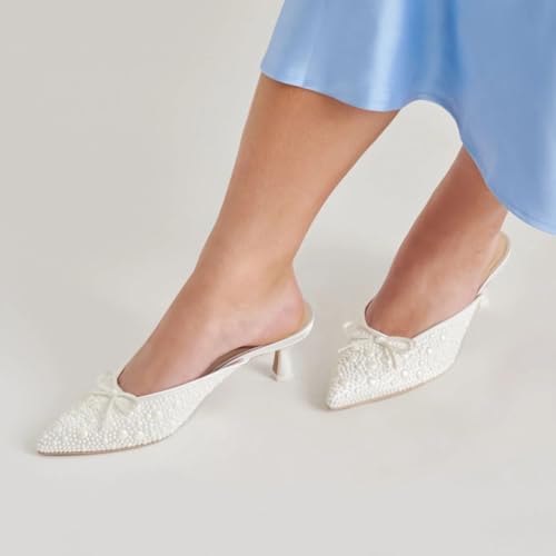 Image of Women Kitten Heel Mules Crystal Flower Decor Mesh Pointed Toe Low Heel Casual Pumps