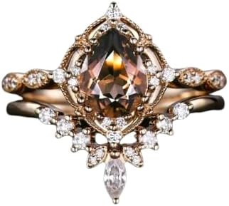 Vintage Smoky Quartz Engagement Ring set,Pear Shape Brown Quartz Ring Set,14K Gold Ring,Unique Womens ring Promise Ring For Her