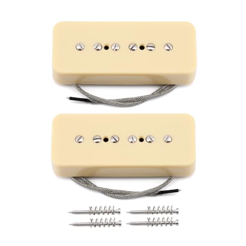 FLEOR Set of Vintage Alnico V Single Coil Soapbar P90 Neck Bridge Pickup 50/52mm Metal Braided Wire fit Electric Guitar, Cream Color