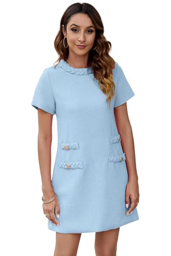 Ladyful Womens Tweed Jackie Dress Short Sleeve Elegant Crew Neck Business Party Vintage Button Bodycon Mini Jackie Dress Blue
