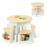 great sheep Toddler Table and Chair Set, Wooden Round Table with 4 Storage Stools, Kids Tables and Chairs for Crafts, Reading and Play