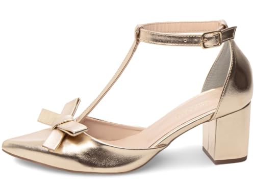 Sapato Scarpin Social Feminino Salto Grosso Médio Bico Fino Tira Tornozelo Elegante Confortável 6,5 cm (Dourado, BR, Adulto, Numérico, 39)