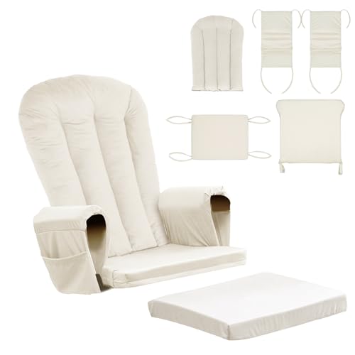 Image of Lucky Monet 5PCS Velvet Glider Rocker Replacement Cushions, Thickened & Supportive Rocking Chair Cushion Set with 29.5 Inch High Backrest & Storage Pockets, for Indoor Nursery Glider & Ottoman, Beige