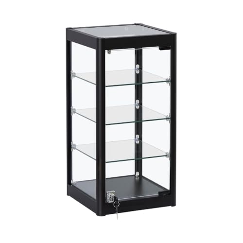 Retail Display Showcases with Sliding Glass Doors & Lock | Aluminium & Wooden Display Cabinets for Shops & Exhibitions (Black Aluminium Glass Countertop Display Cabinet - Lockable + 3 Shelves)