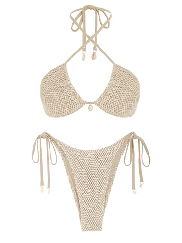 ZAFUL Women's Bikini Set Fishnet Triangle Tie Convertible Collar Halter Bandeau Shell Two Piece Bathing Suit Khaki S