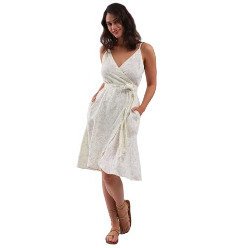 Image of Amazhiyu Women's Cotton Gauze Summer Midi Wrap Dress | Spaghetti Strap, Sleeveless, with Pockets, V-neckline