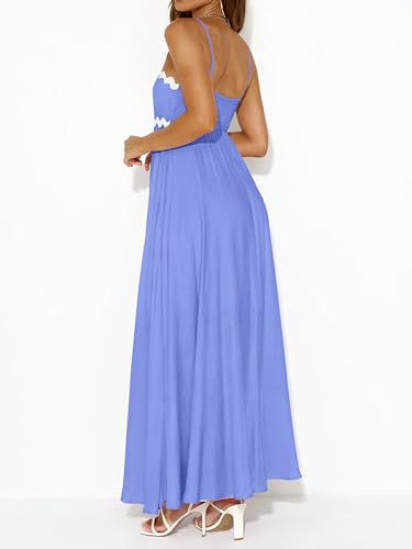 Image of PRETTYGARDEN Women Spaghetti Strap Boho Maxi Dresses Flowy | Sleeveless Smocked Long Dress, Striped Trim Flowy Dress Pockets, Elegant Square Neck Beach Sundress, Casual Summer Outfits